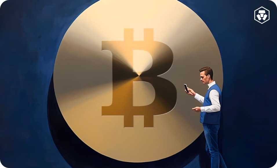 Man standing in front of illustrated token with BTC icon