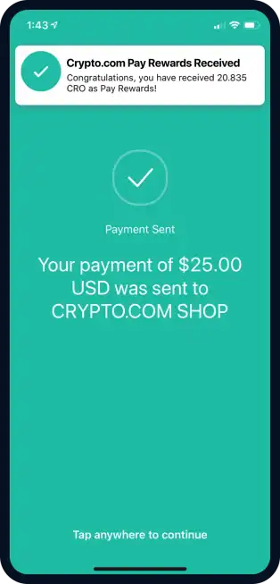 Crypto.com Pay payment sent phone screen