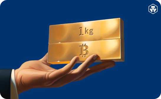 Hand holding two gold blocks representing Bitcoin's value