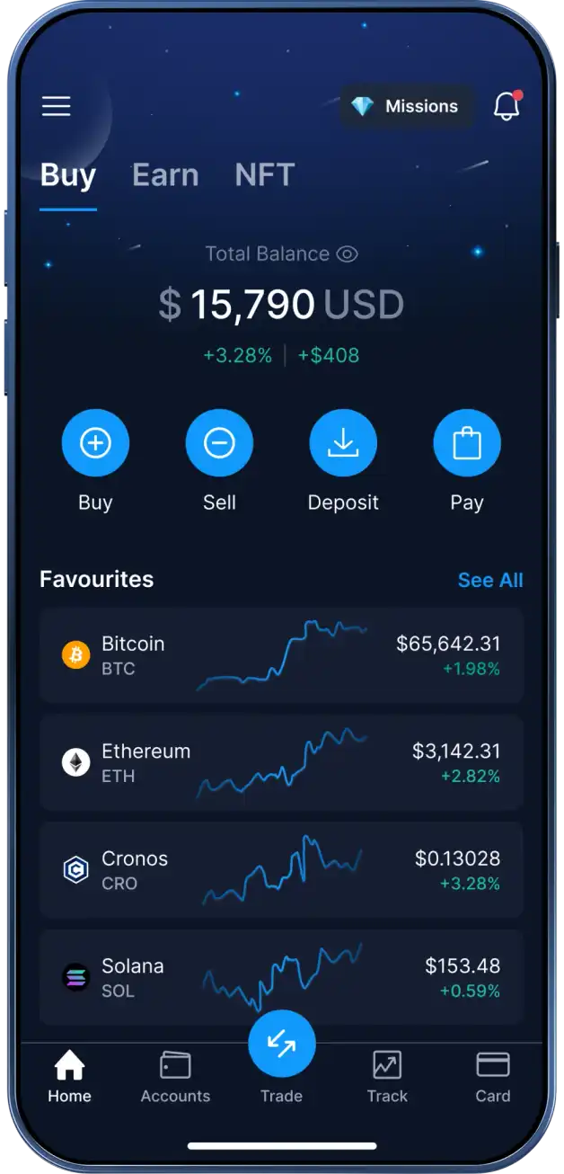 The Crypto.com App with various coin values on the wallet page