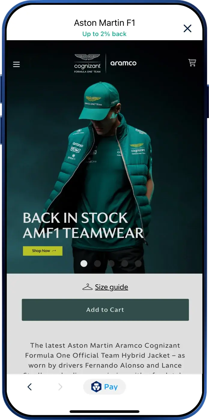 Mobile phone screen displaying Aston Martin F1 teamwear available for purchase with Crypto.com Pay.