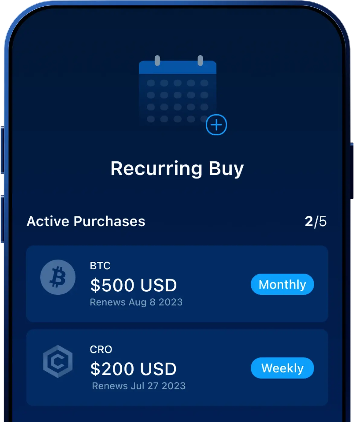 phone with Crypto.com App open recurring buy page