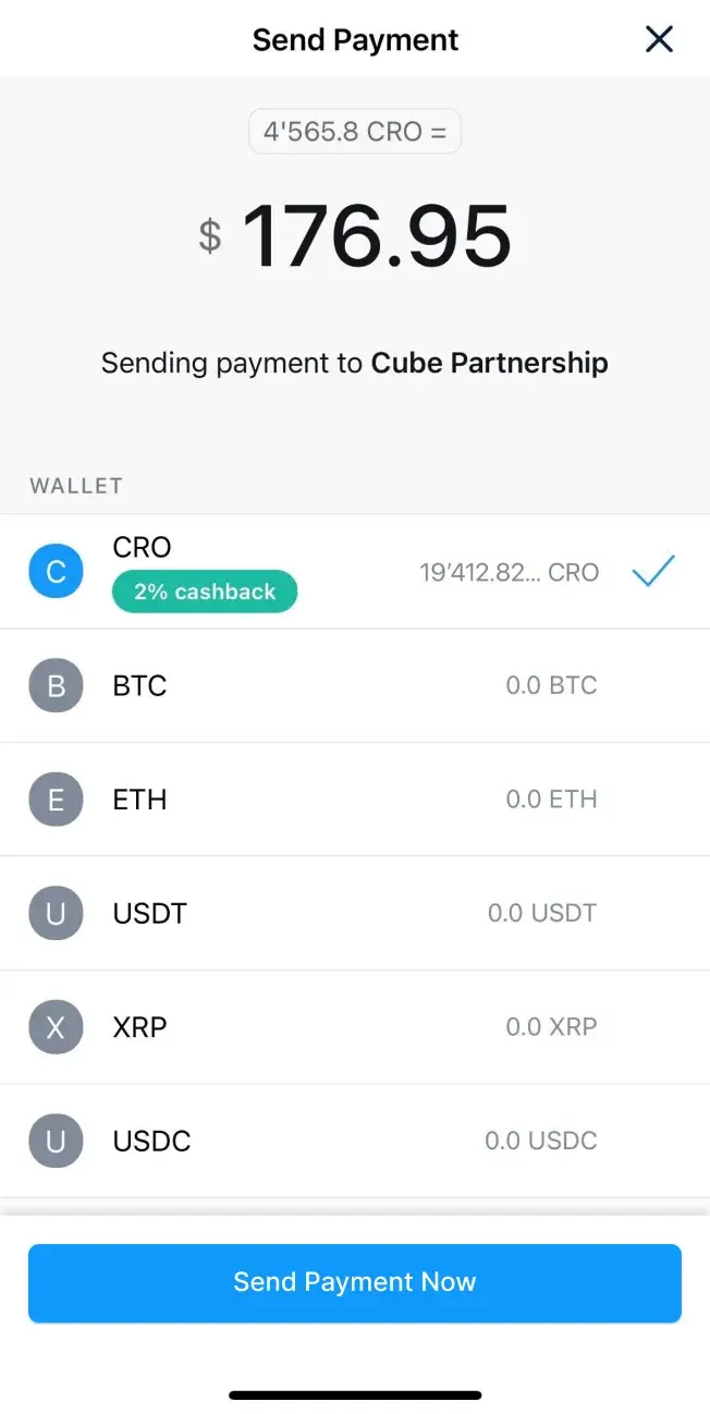 Mobile phone screen displaying available tokens for Pay Checkout: CRO, BTC, ETH, USDT, XRP, and USDC. Option to send payment now.