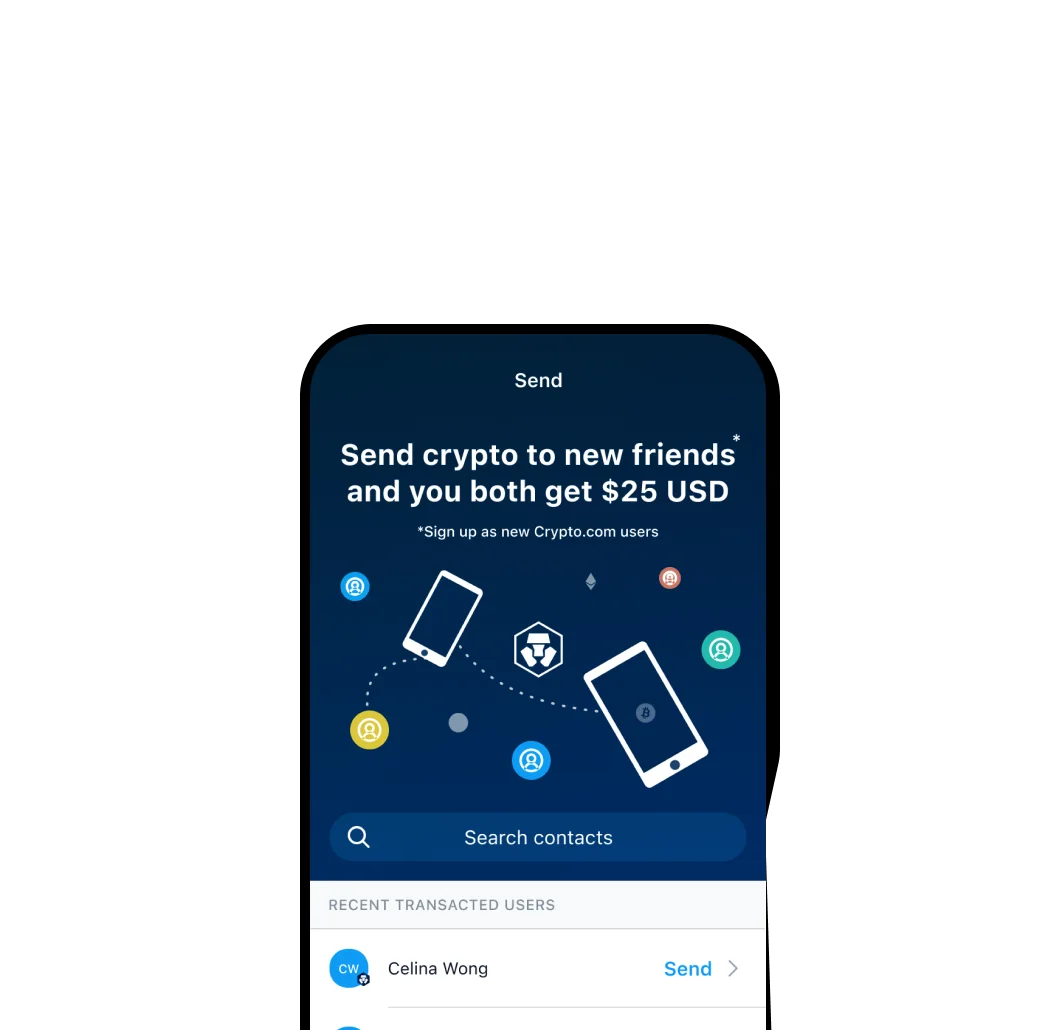 Image: Individual holding a phone demonstrating Crypto.com Pay's 'Send' feature. Seamlessly send and receive crypto without any fees. Convenient and fee-free crypto transfers to friends and contacts.